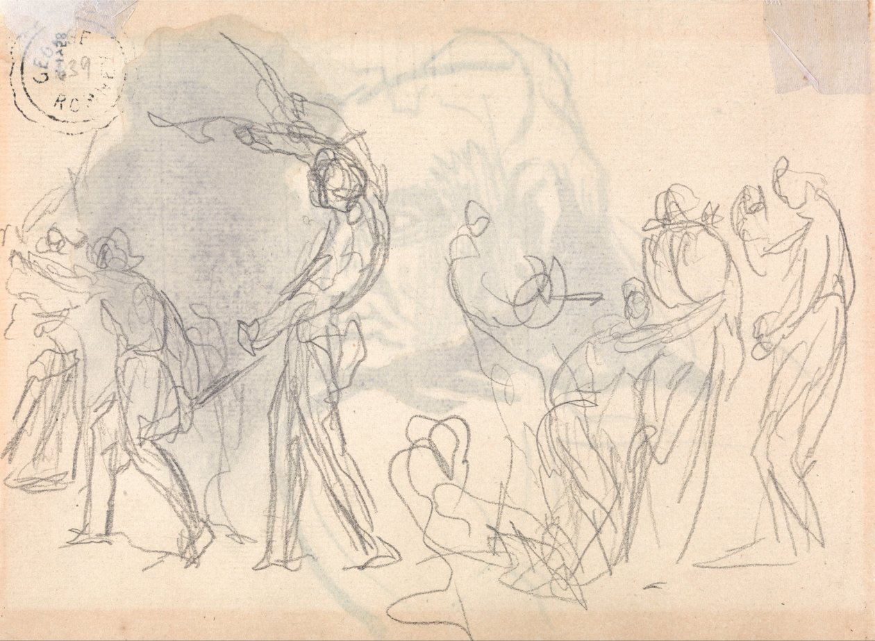 Muži jdou do boje a za nimi stojí dav krčících se žen od George Romney