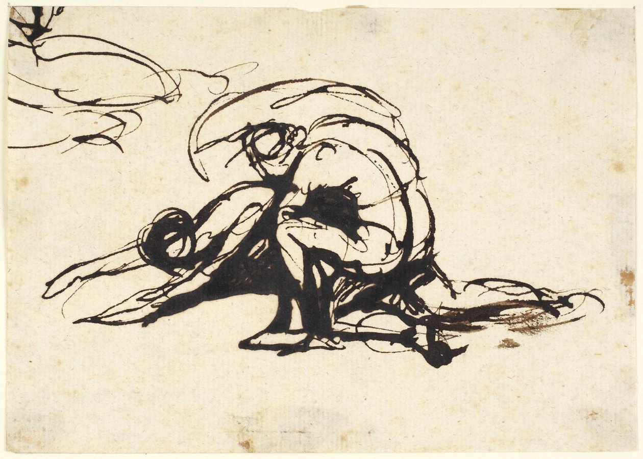 Nahá postava se sklání nad ležící postavou od George Romney