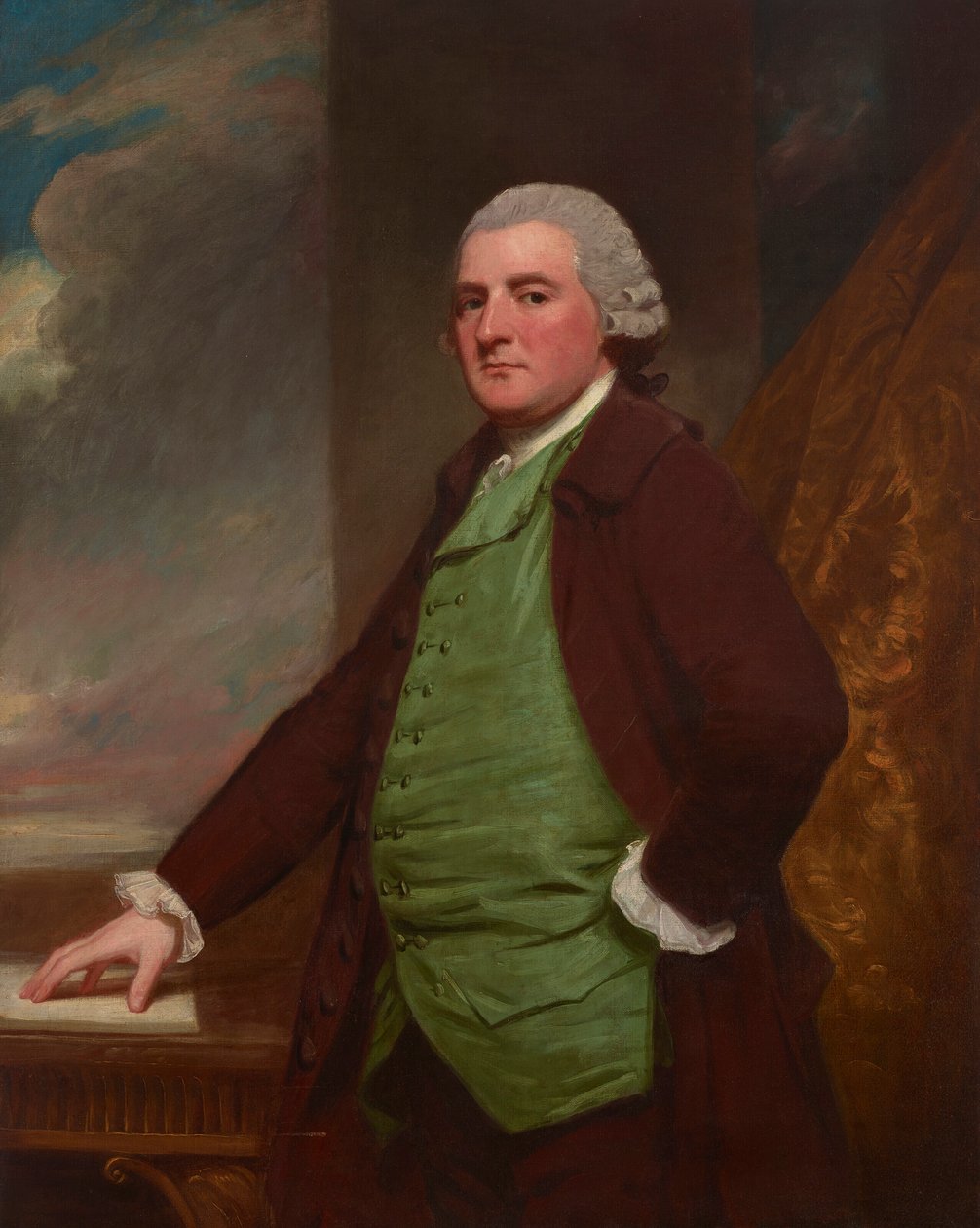 Portrét Jamese Crosse z Cliftonu, Bristol (1739-1791), tříčtvrteční, u stolu s krajinou za ním od George Romney