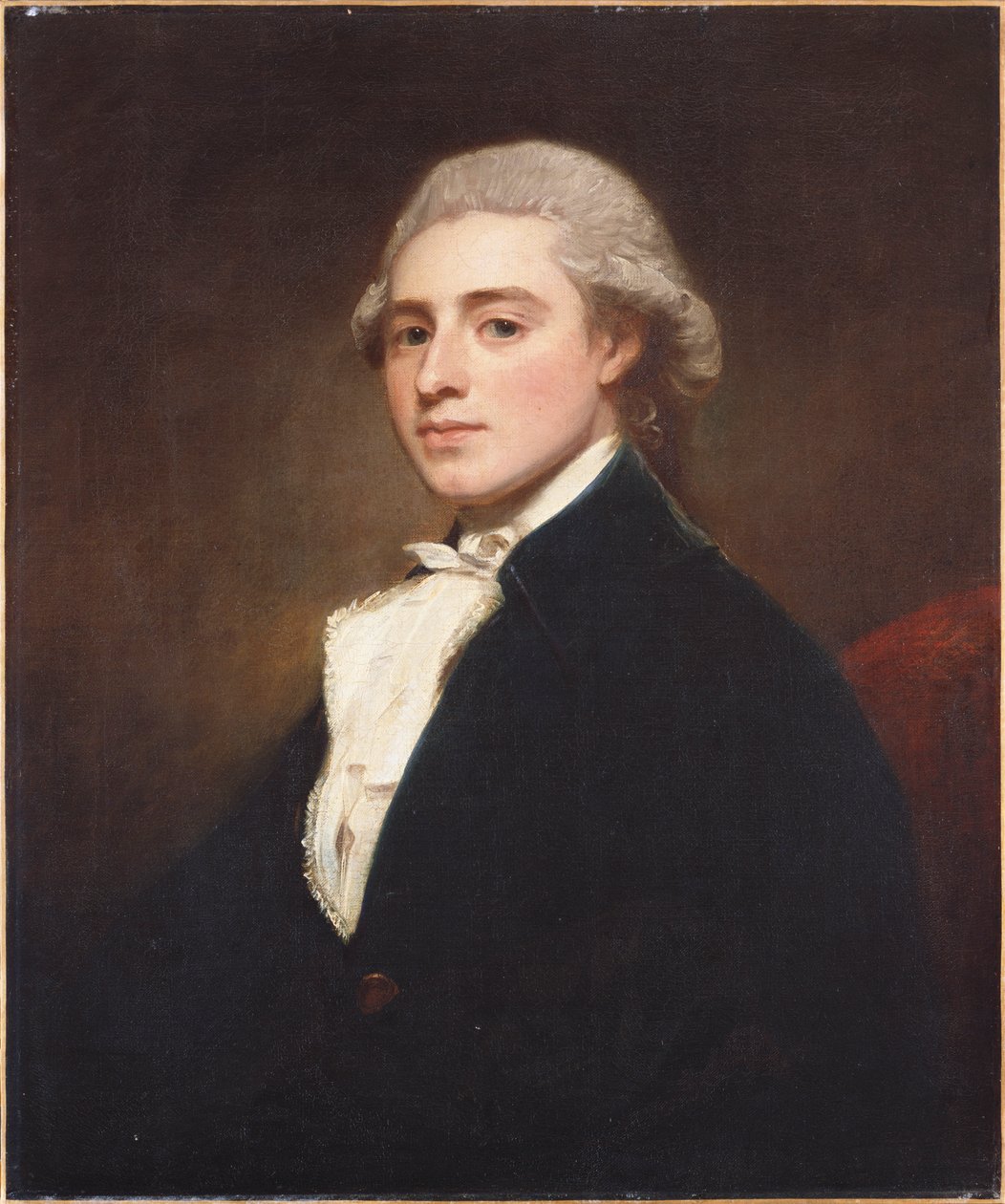 Portrét Jamese Dashwooda, poloviční délka, na sobě modrou bundu a bílý jabot od George Romney