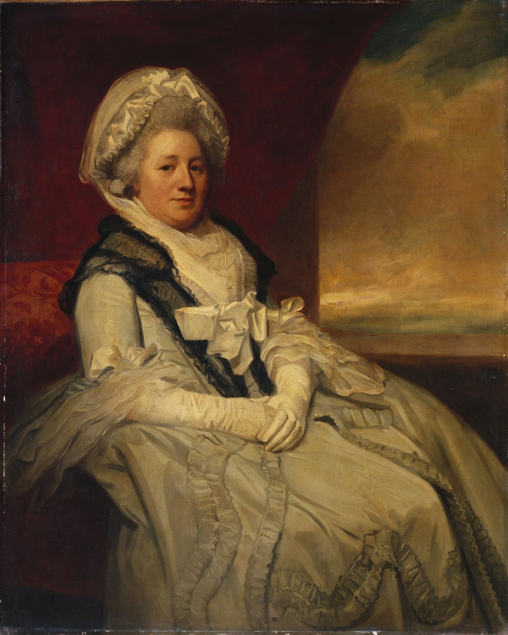 Portrét paní Upplebyové, sedící tříčtvrteční délky, v bílých šatech a čepici s černým šátkem od George Romney