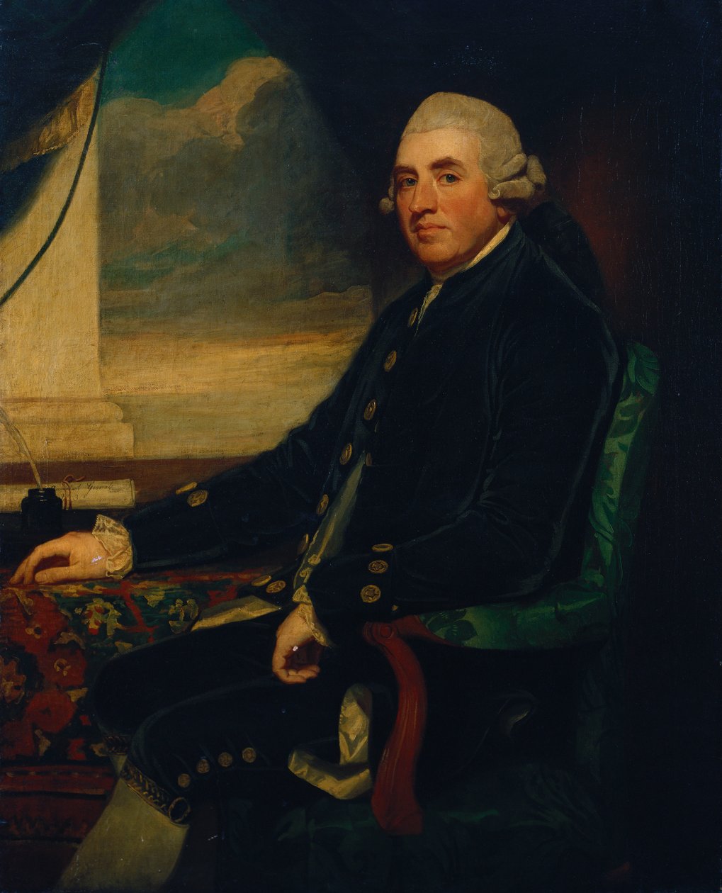 Portrét prvního hraběte z Farnhamu, sedícího, tříčtvrteční délky, u otevřeného okna od George Romney