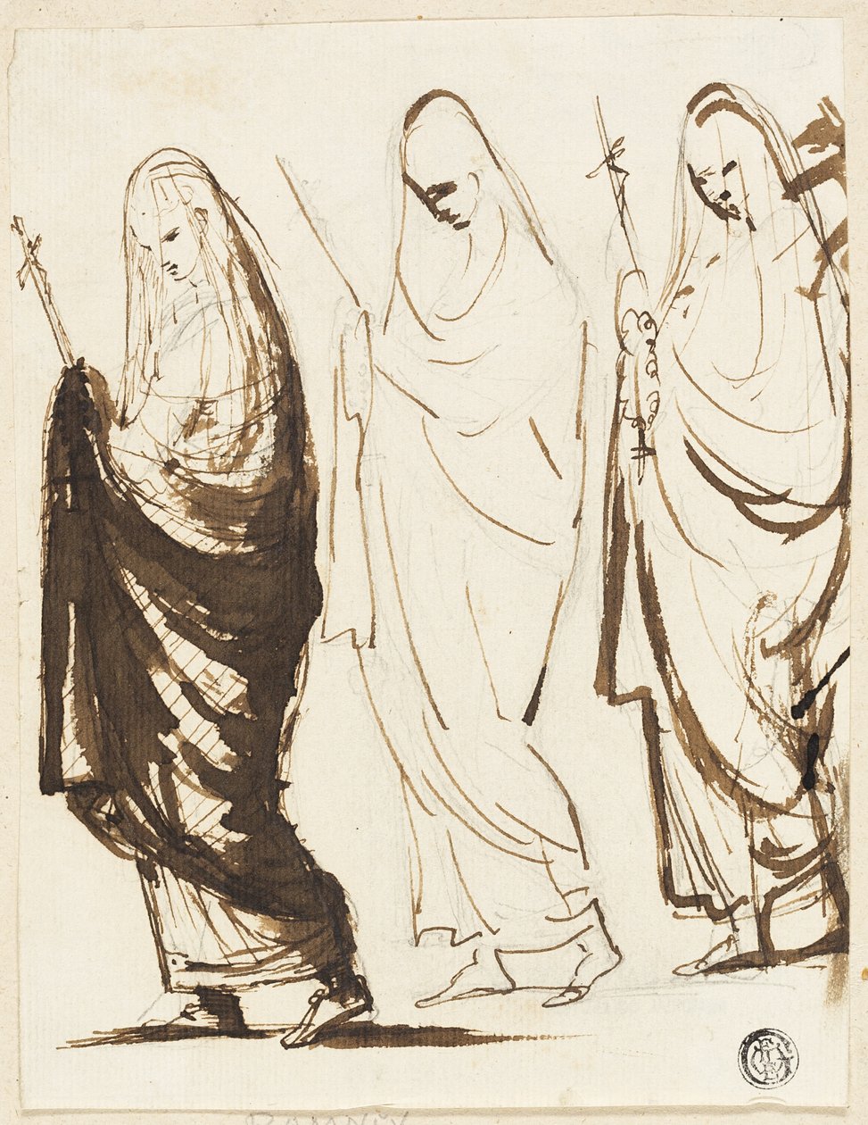 Průvod tří zahalených žen držících kříže nebo žezla od George Romney