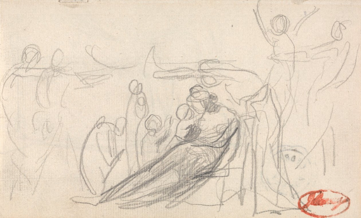 Ležící postava s dětmi a dalšími postavami od George Romney