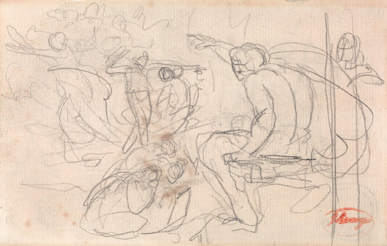 Sedící postava vynášející rozsudek nad klečící postavou od George Romney