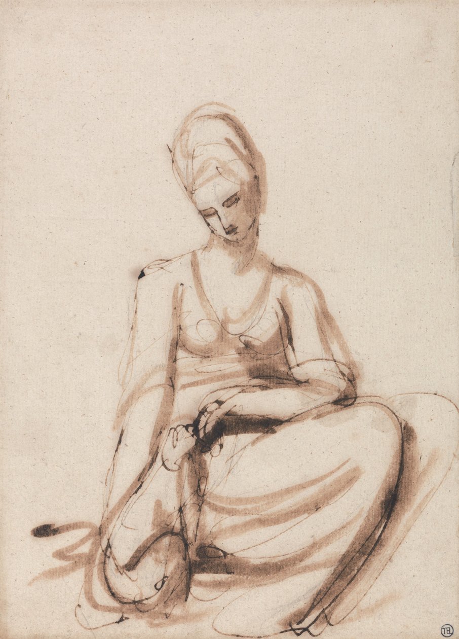 Sedící žena krmí zvíře od George Romney
