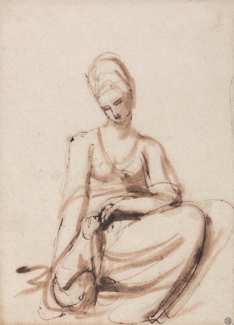 Sedící žena krmí zvíře od George Romney