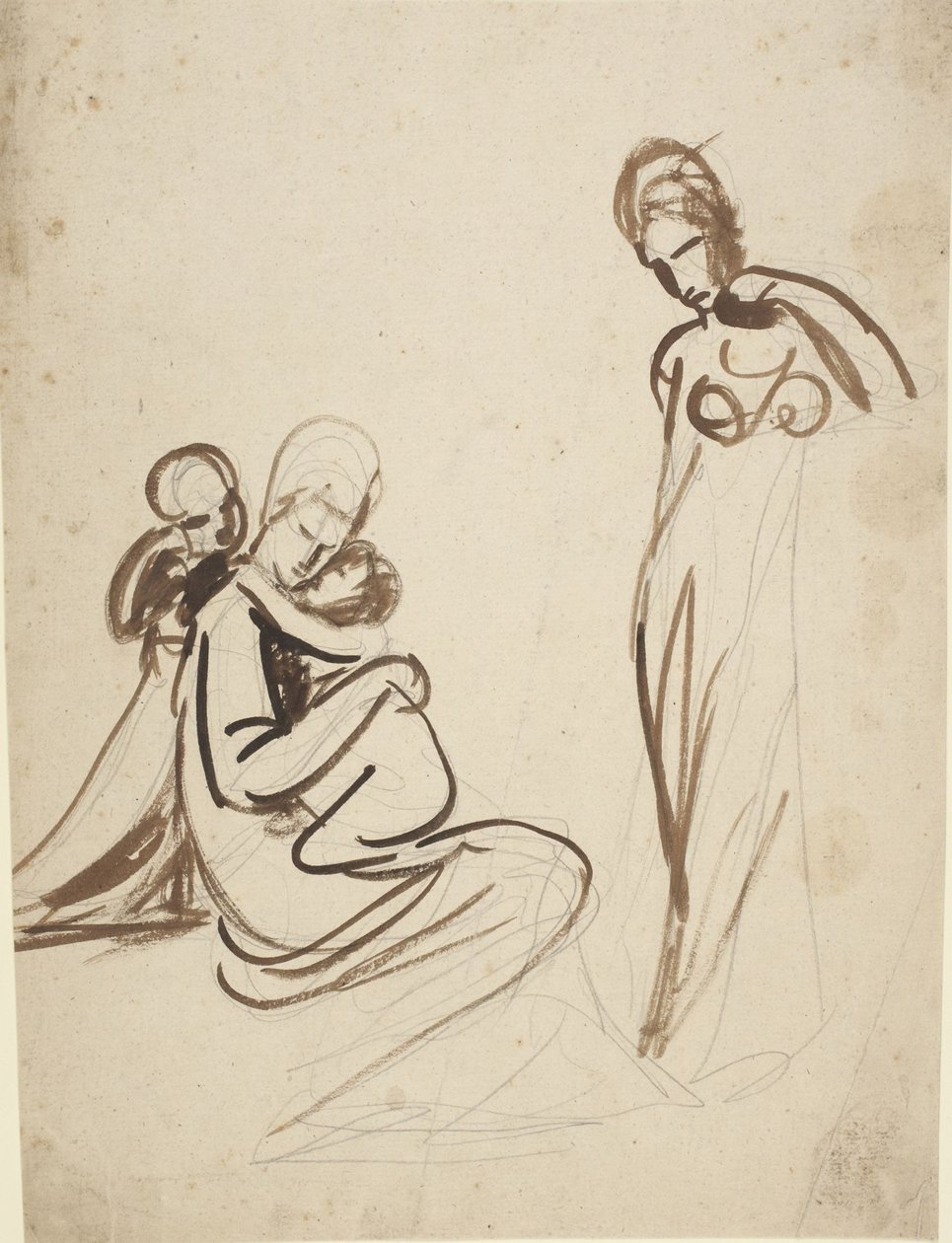 Sedící žena se dvěma dětmi a stojící žena od George Romney