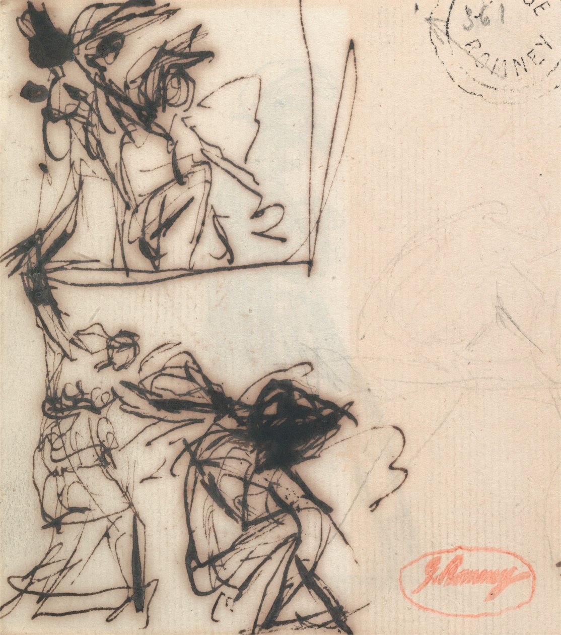 Stojící postava se zvednutou rukou a sedící postava od George Romney
