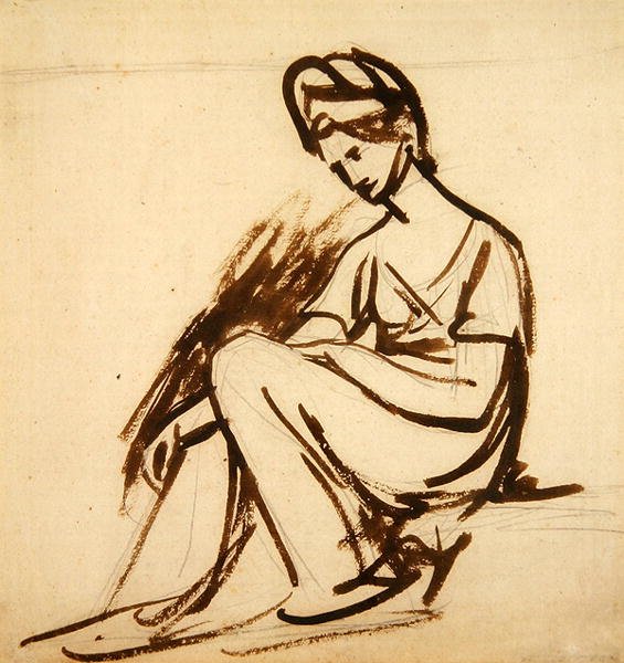 Studie k portrétu sedící dámy (hnědý inkoust přes tužku na papíře) od George Romney