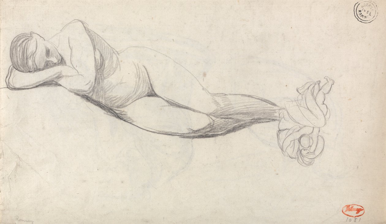 Studie ležícího aktu a sedící ženy, kterou utěšuje dítě od George Romney