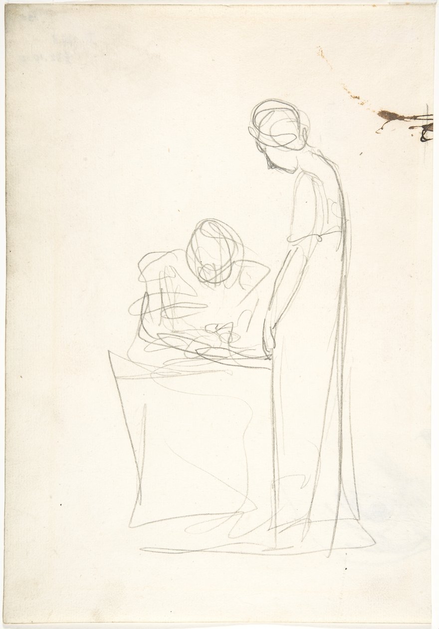 Studie dvou postav: jedna sedící, druhá stojící (recto). Studie hlavy hledící vzhůru (verso) od George Romney