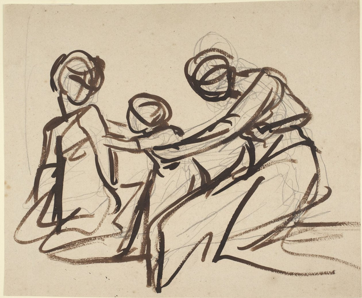 Studie dvou sedících žen s dítětem od George Romney