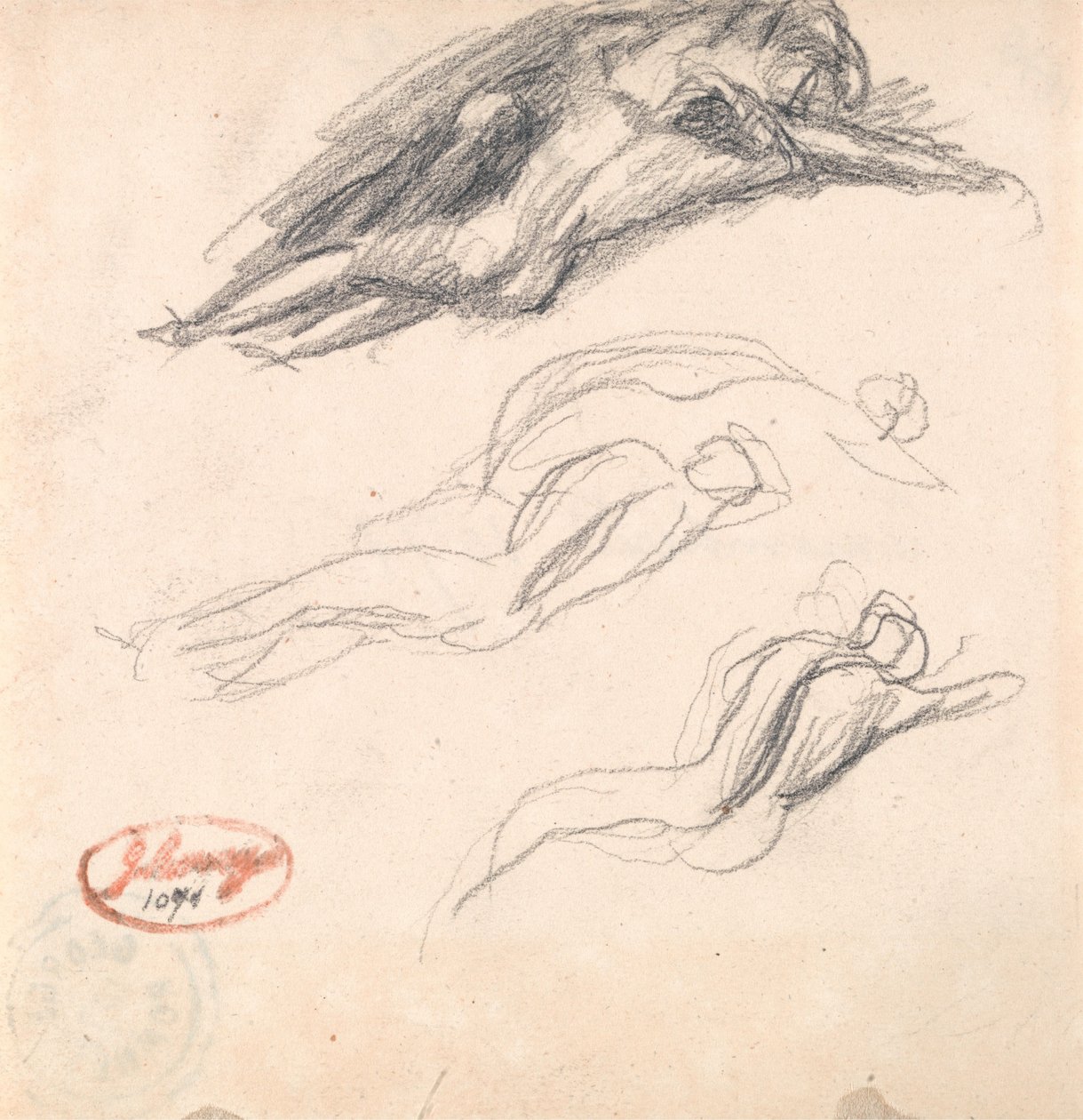 Tři skici spící postavy, pravděpodobně Adama a Evy, pro dílo „Satan odhalen u Evina ucha“ od George Romney