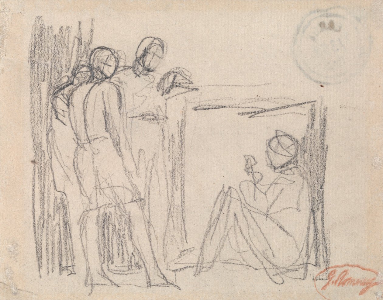 Tři stojící postavy před sedící postavou od George Romney