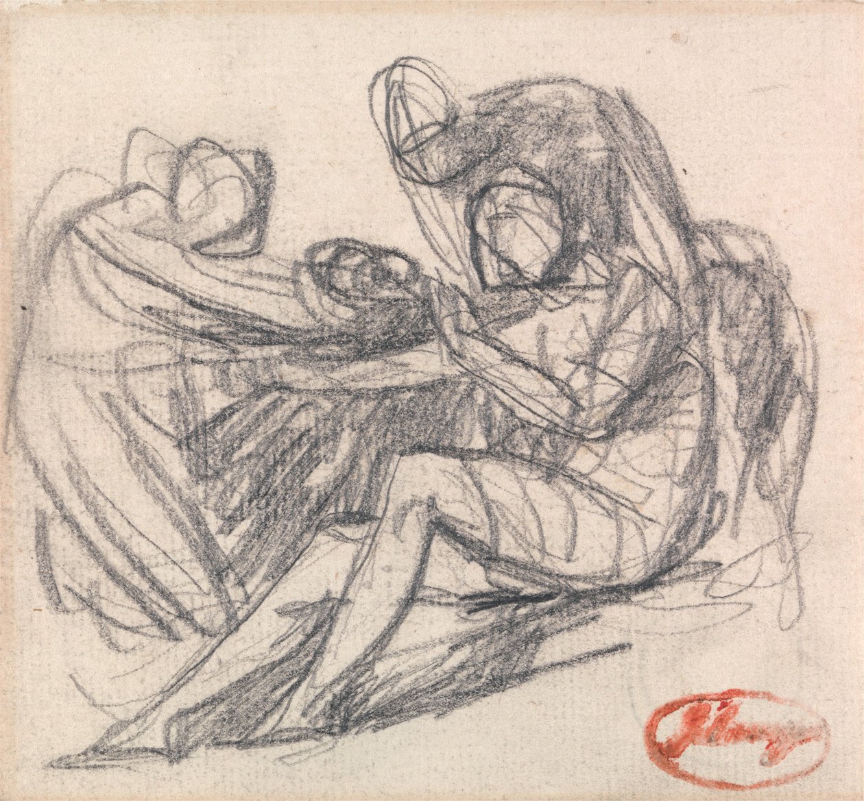 Dvě postavy pomáhající sedící postavě od George Romney