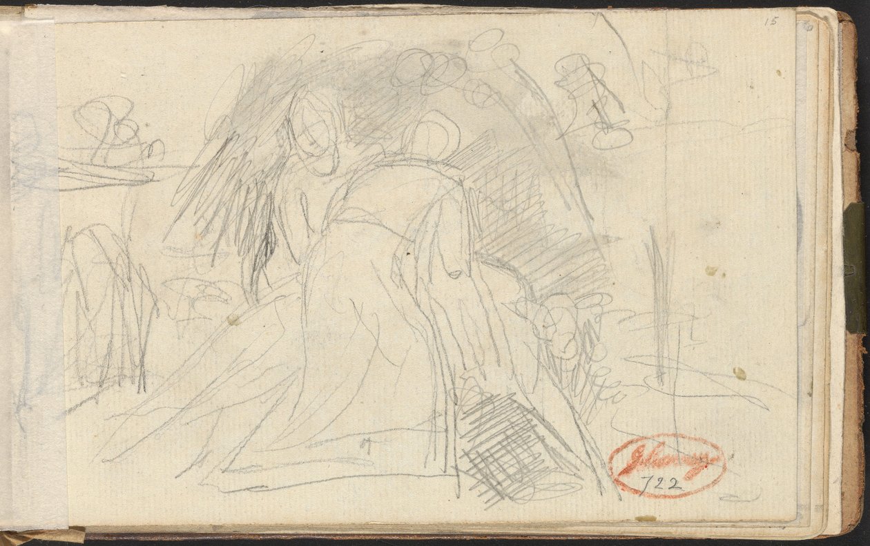 Dvě postavy zvedající ležící postavu od George Romney