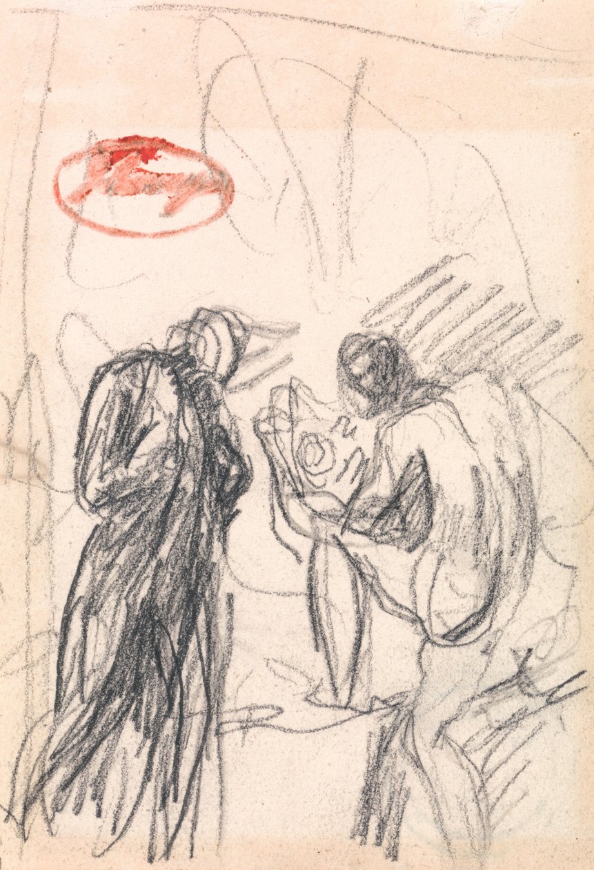 Dvě postavy, z nichž jedna je klečící mužský akt od George Romney