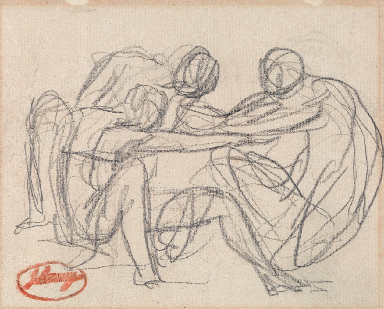 Dvě klečící postavy zápasící s jednou sedící postavou od George Romney