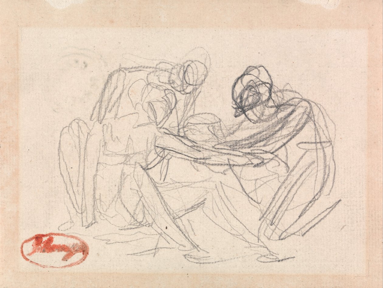 Dvě klečící postavy před sedící postavou od George Romney