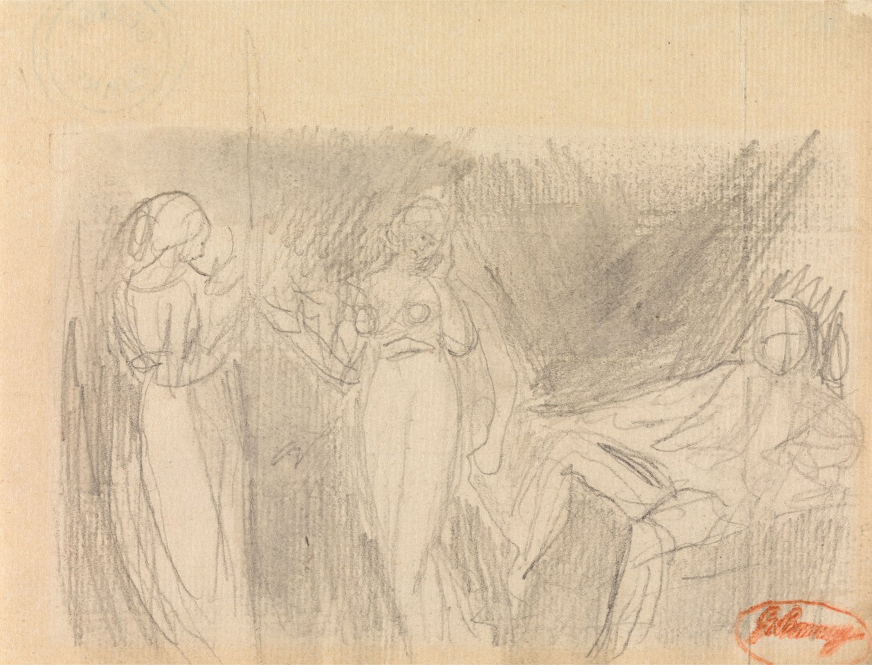 Dvě ženy a sedící muž od George Romney
