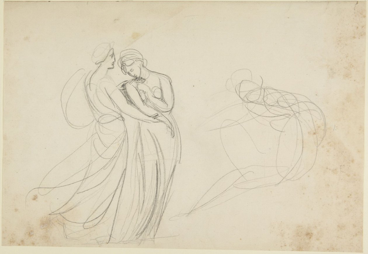 Dvě ženské postavy před sedící postavou, studie k dílu „Dvě dívky u věštkyně“ od George Romney