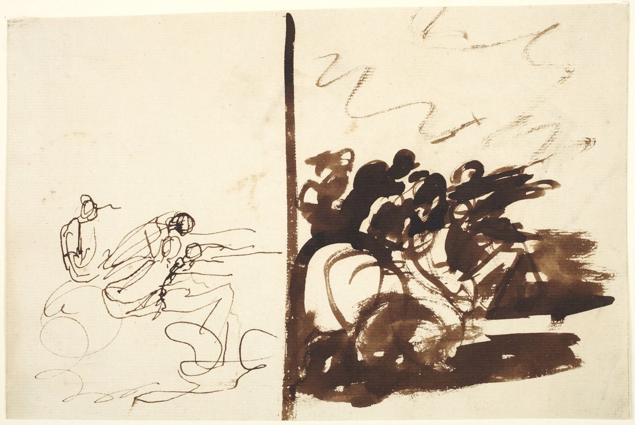 Dvě studie skupiny postav, které gestikulují směrem doprava od George Romney
