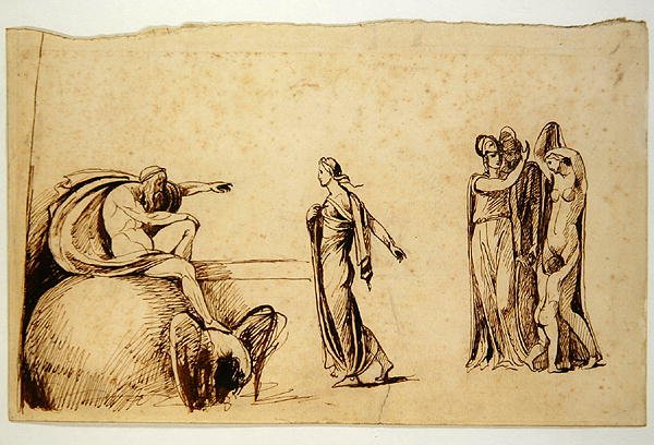 Zeus s dalšími mytologickými postavami (pero a inkoust na papíře) (viz 270960 pro recto) od George Romney