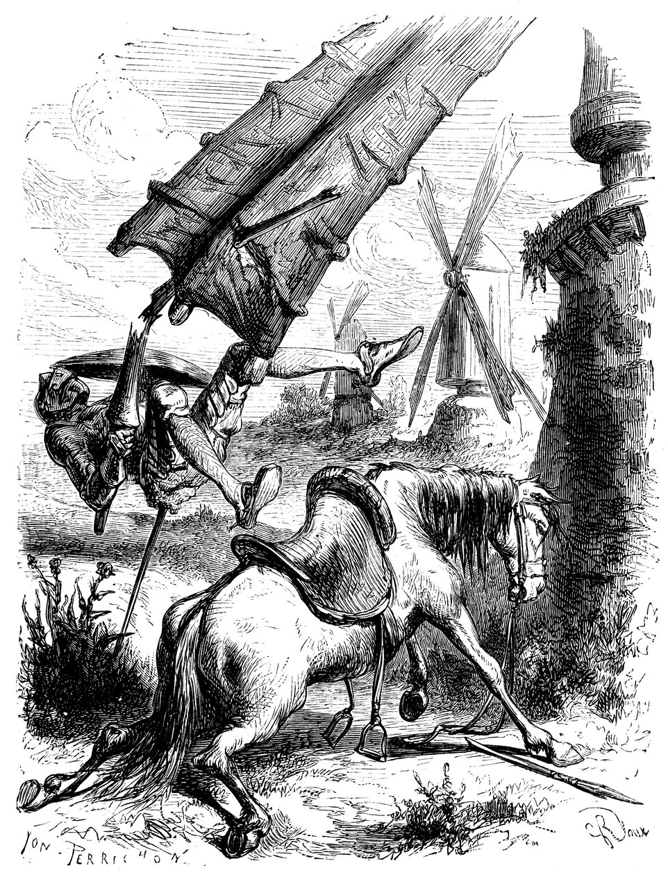 Boj proti mlýnům: Don Quijote a Rossinante jsou svrženi na zem křídlem mlýna. od George Roux