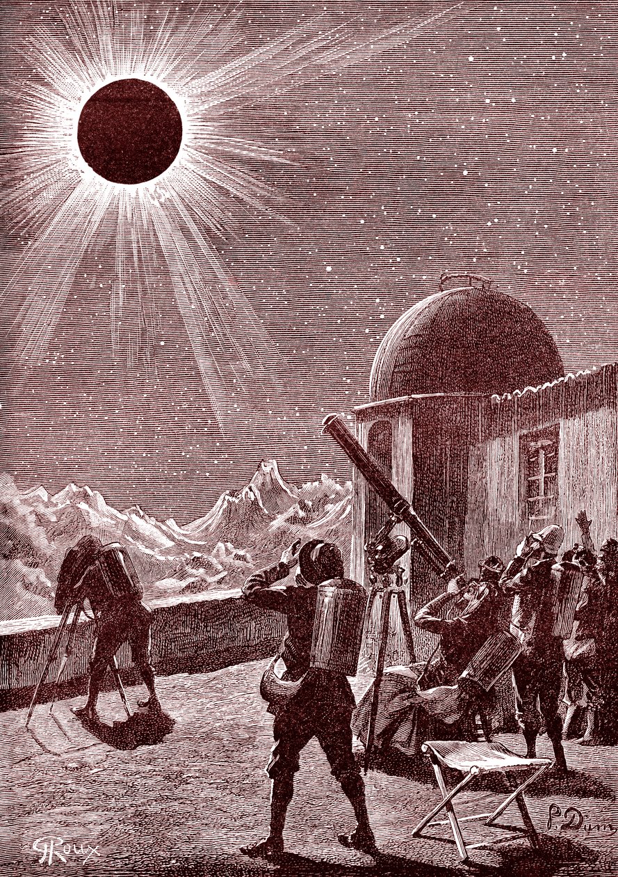 Průzkumníci v africké poušti se dívají na zatmění. 1888 (rytina) od George Roux