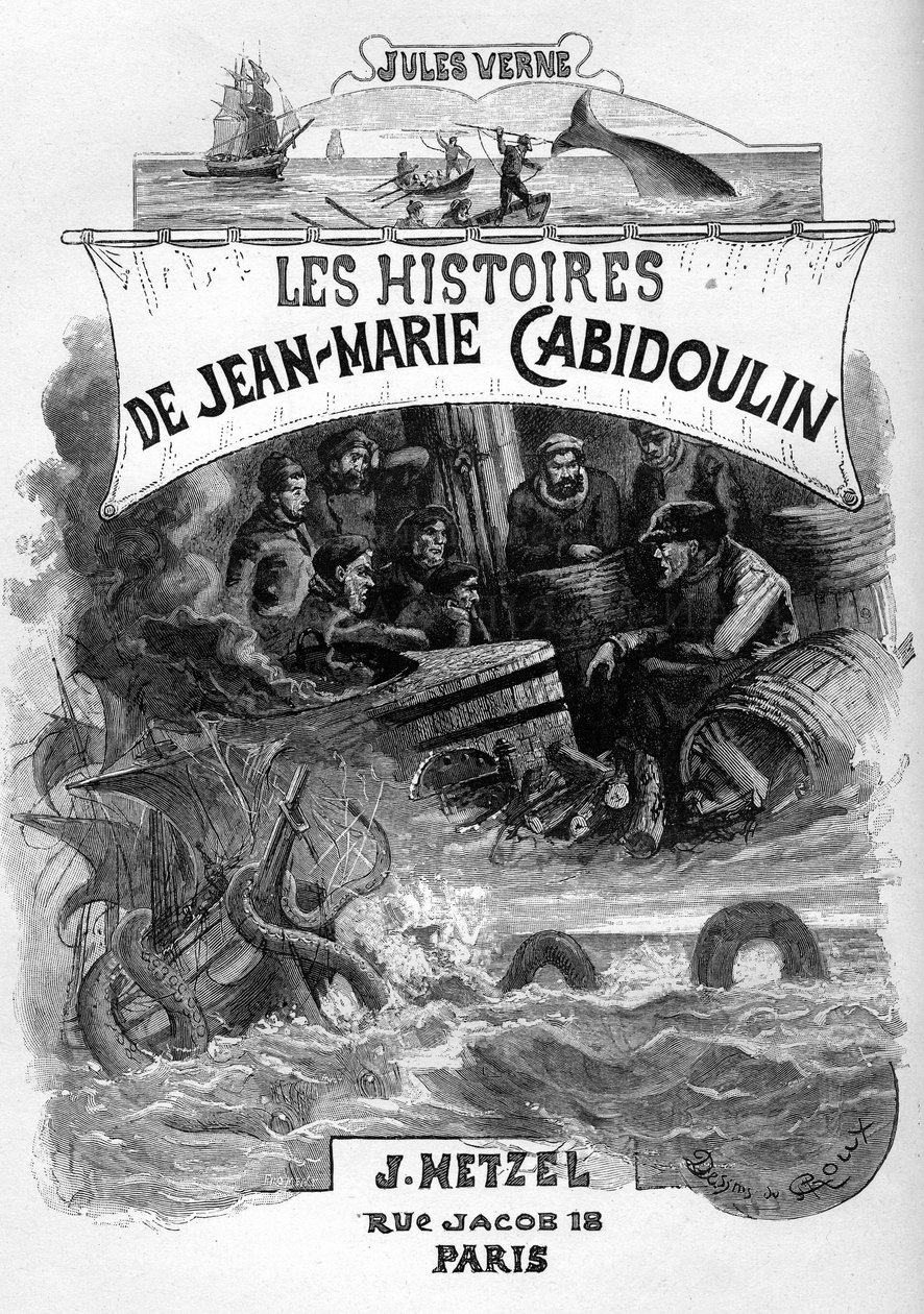 Frontispice románu Julese Verna "Les histoires de Jean-Marie Cabidoulin" (1901), Hetzel Collection/Extraordiaires, ilustrace George Roux. "Evokace námořních scén: harpunování velryby, útok mořského hada na loď". od George Roux