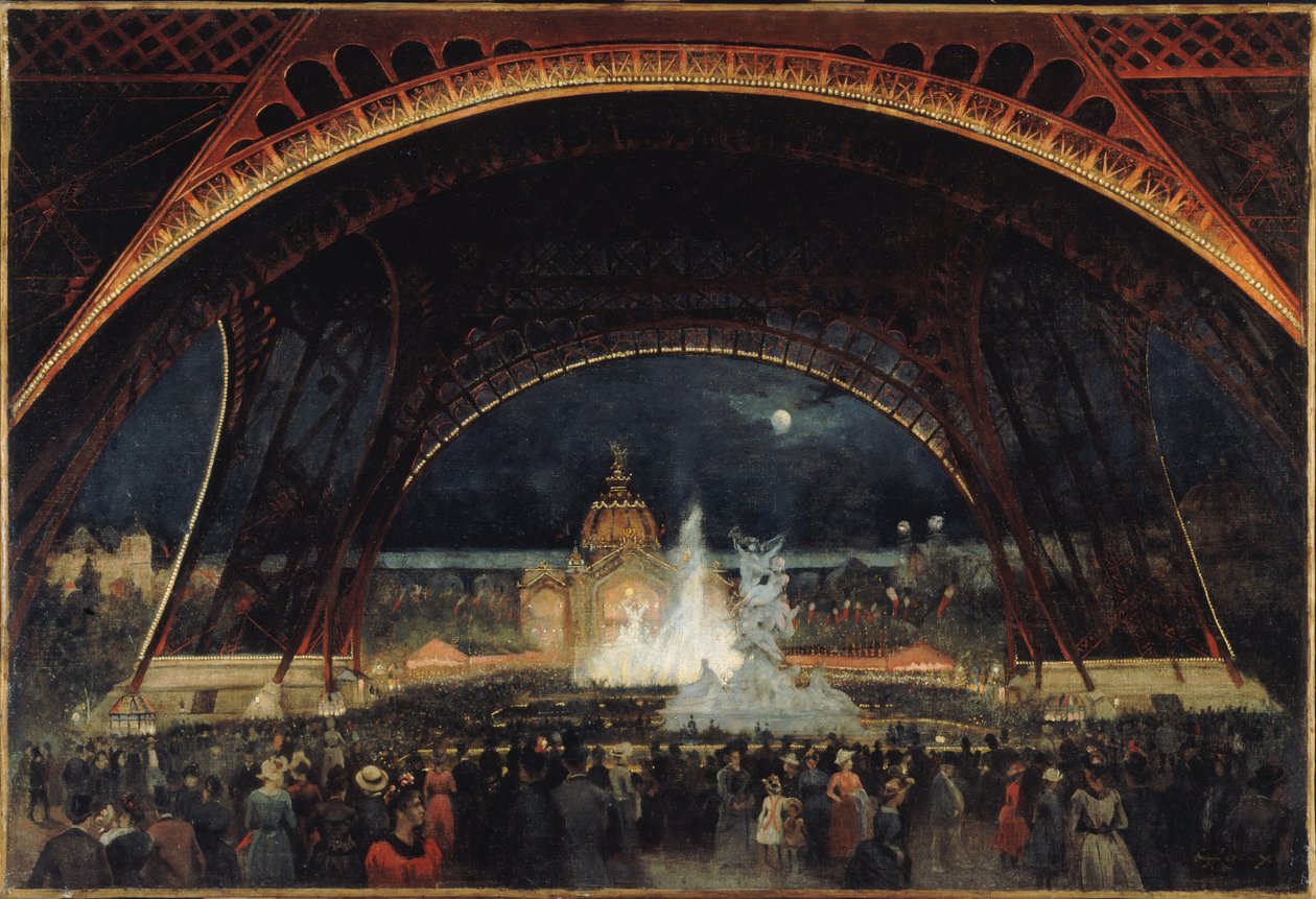 Noční slavnost na Světové výstavě 1889, pod Eiffelovou věží, asi 1889 (olej na plátně) od George Roux