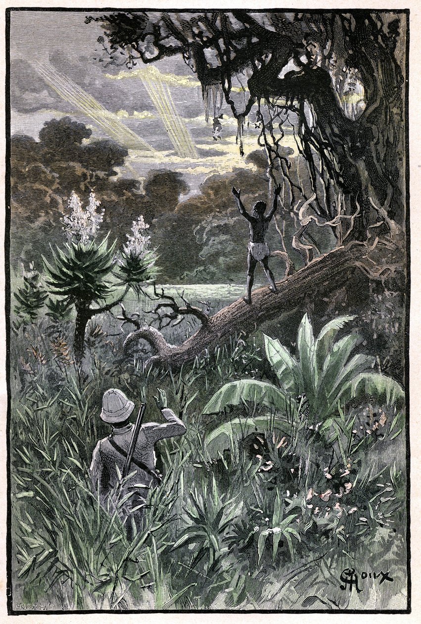 Ilustrace George Rouxe ke knize Julese Verna "Letecká vesnice" (1901), edice Hetzel/Extraordinary Voyages, Known and Unknown Worlds. Pohled na africký les (Kongo). od George Roux