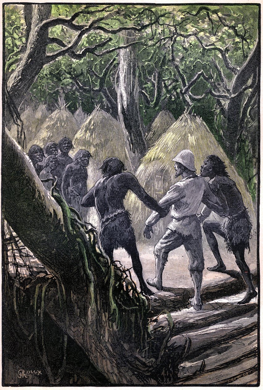 Ilustrace George Rouxe ke knize Julese Verna "Letecká vesnice" (1901), edice Hetzel/Extraordinary Voyages, Known and Unknown Worlds. Příjezd objevitelů do vesnice posazené na stromech Wagddisů (opic konžského pralesa). od George Roux