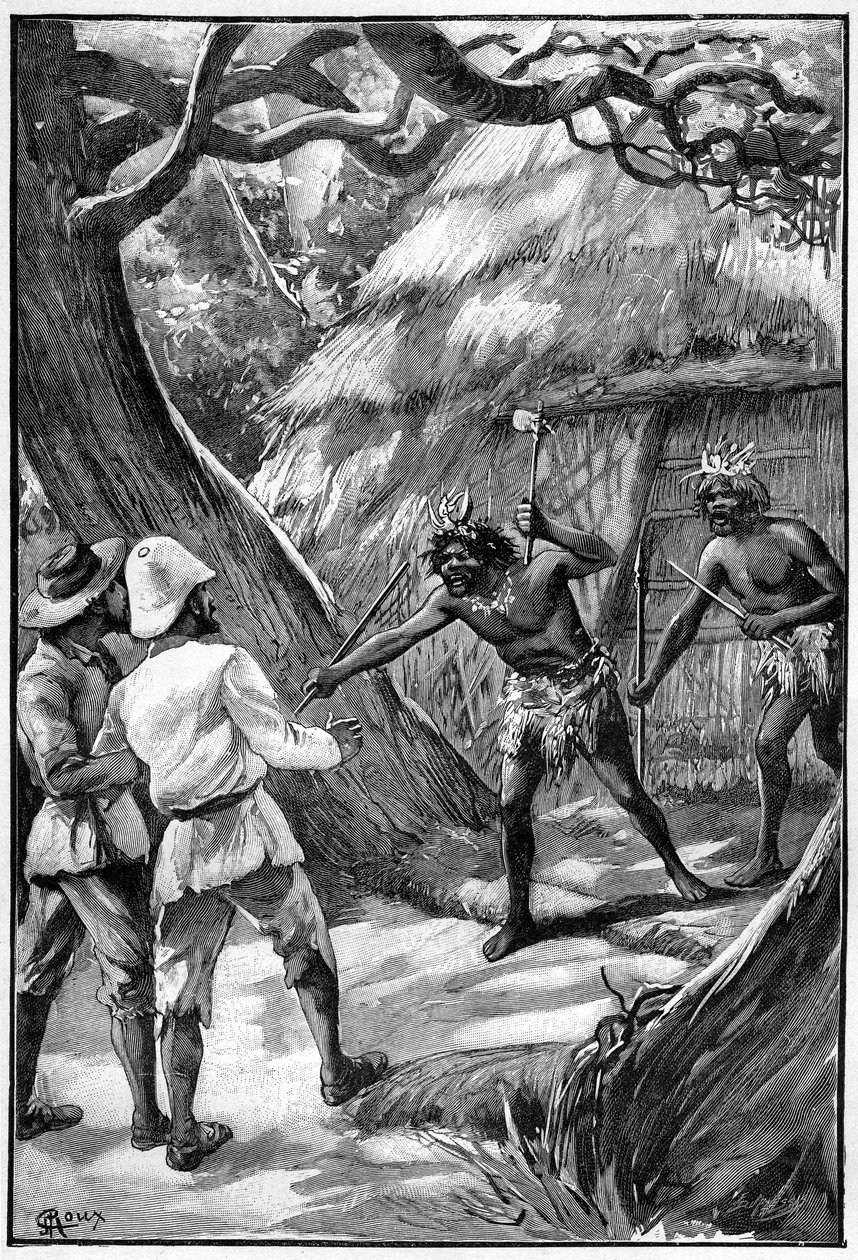 Ilustrace George Rouxe ke knize Julese Verna Letecká vesnice (1901), Hetzelovo vydání / Podivuhodné cesty, známé i neznámé světy. Dva Wagdissovi Sentinelové ohrožují průzkumníky svými rozvětvenými zbraněmi od George Roux