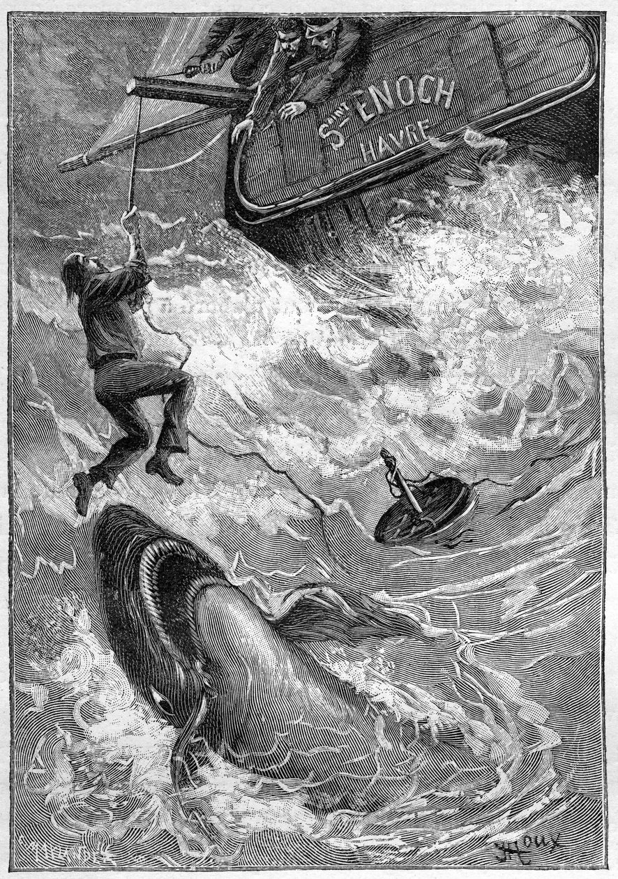 Román Julese Verna "Les histoires de Jean-Marie Cabidoulin" (1901), Hetzel Collection/Extraordiaires, ilustrace George Roux. "Námořní scéna: námořník napadený žralokem v Tichém oceánu". od George Roux