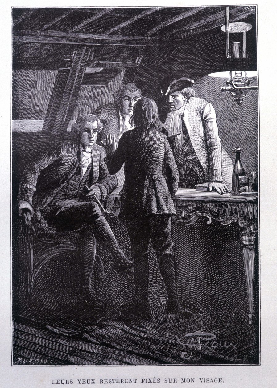 Scéna příběhu na náměstí s lodí: mladý Jim Hawkins před Dr. Livesey a Chevalier Trelawney - ve Stevensonově „L