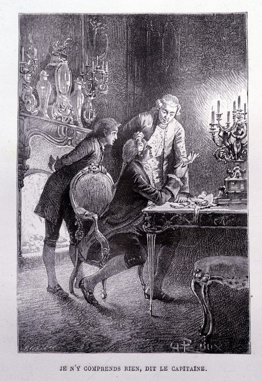 Mladý Jim Hawkins, Chevalier Trelawnay a doktor Livesey se usmíří v obývacím pokoji – v „L