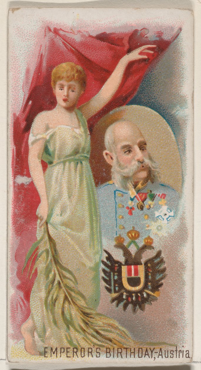 Císařovy narozeniny, Rakousko, ze série Holidays N80 pro cigarety značky Duke, 1890., 1890. od George S. Harris and Sons