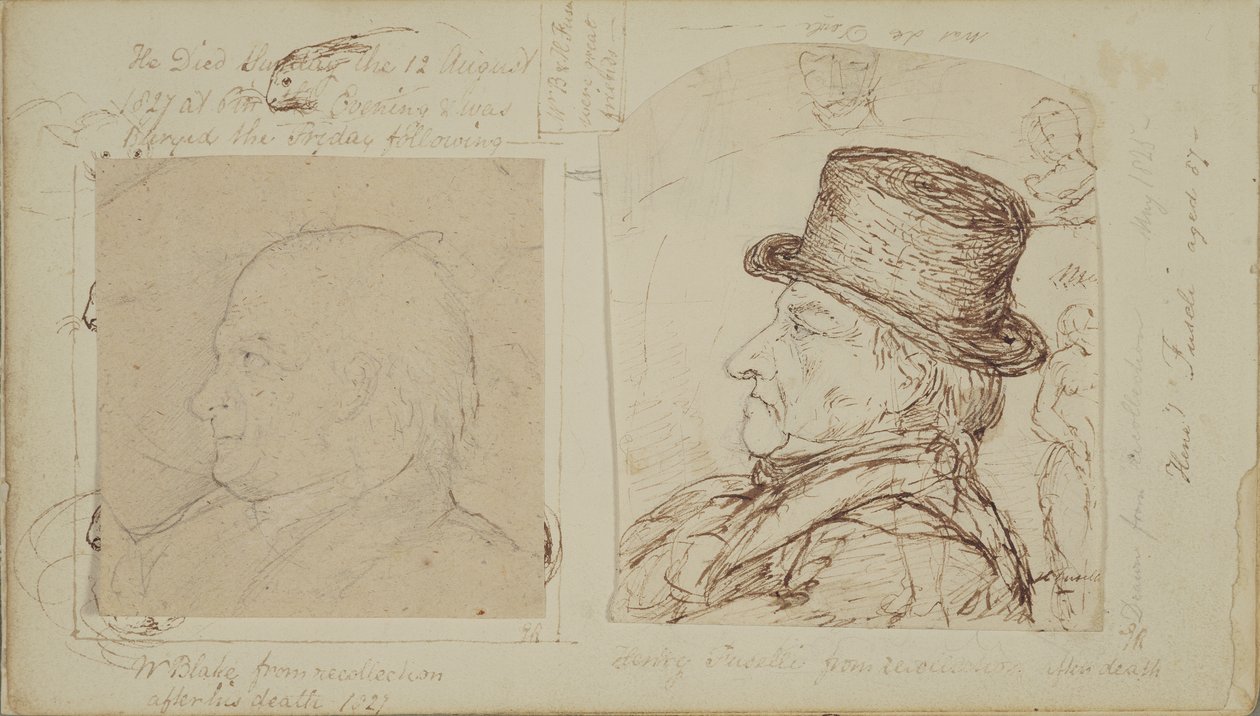Studie králíků s překrývajícími se portréty Williama Blakea a Henryho Fuseliho (grafit a inkoust na papíře) od George Samuel