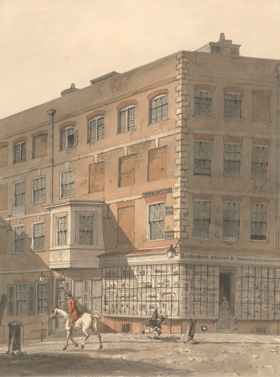 York House, roh Villiers Street a Strand, s Richardsonovým starověkým a moderním skladem tiskáren v popředí od George Shepheard