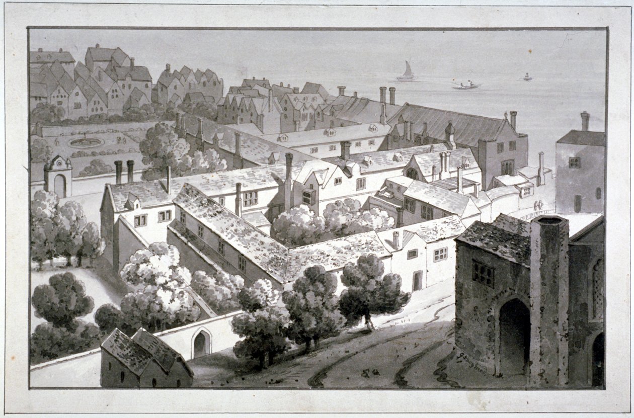 Pohled z ptačí perspektivy na palác biskupa z Winchesteru, Southwark, Londýn, c1820. od George Shepherd