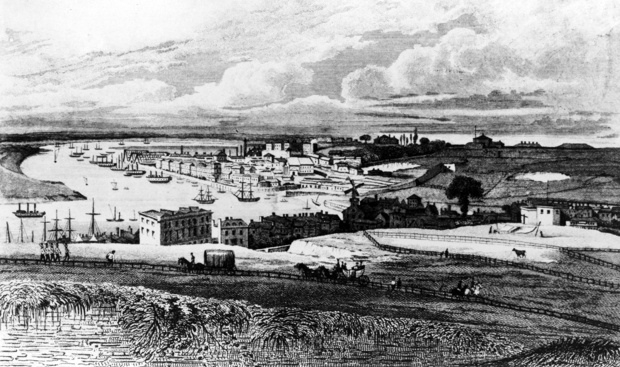 Rytina Chatham Dockyard from Port Pitt, kterou vyryl R. Roffe a která byla publikována v Irelandově knize "History of Kent" vydané v roce 1831. od George Shepherd