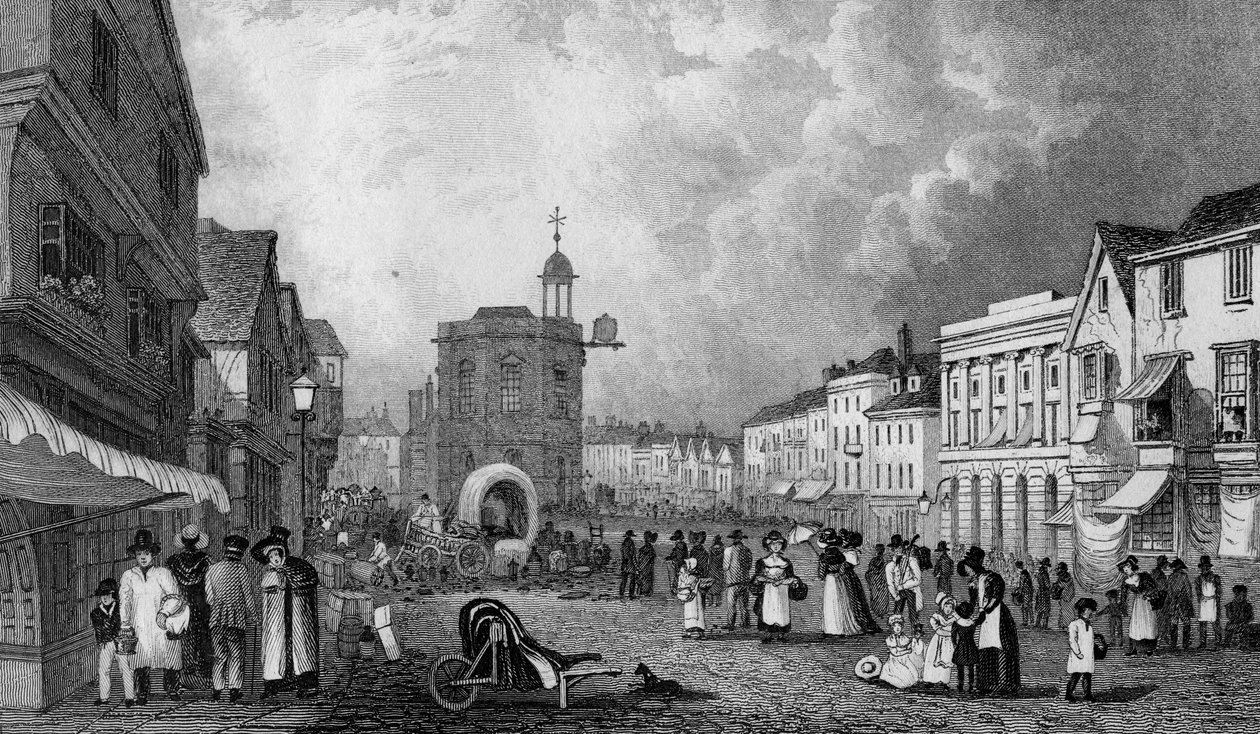 High Street, Maidstone, A Market Day, vyryl S. Lacey, publikoval 1832 od George Shepherd