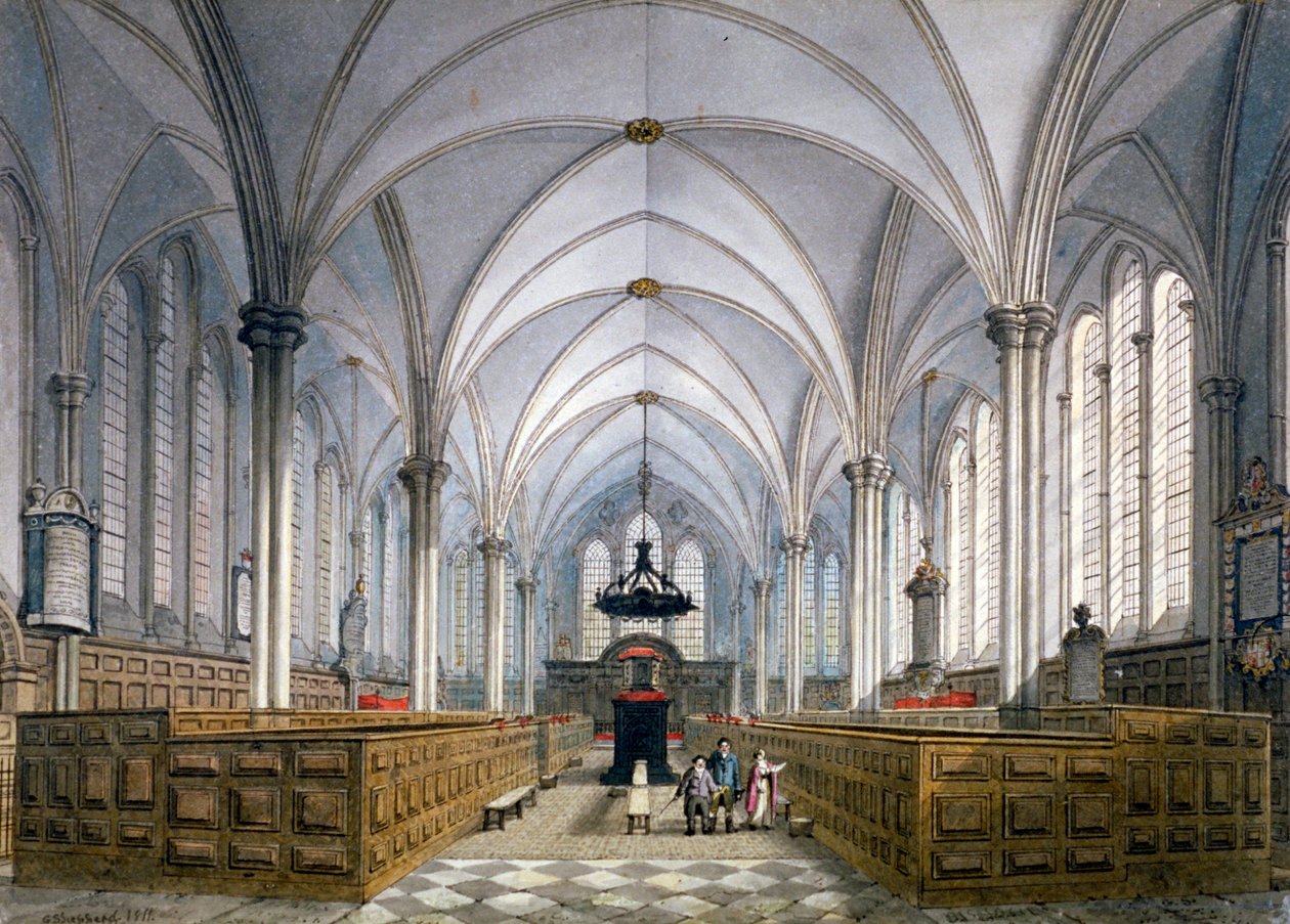 Vnitřní pohled na chrám Temple Church, Londýn, 1811. od George Shepherd