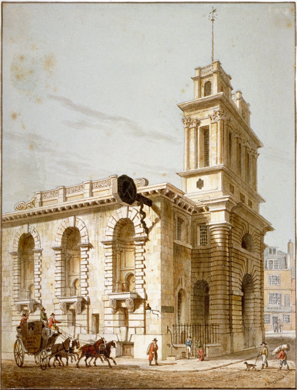 Severozápadní pohled na kostel St Mary Woolnoth, City of London, 1812 od George Shepherd
