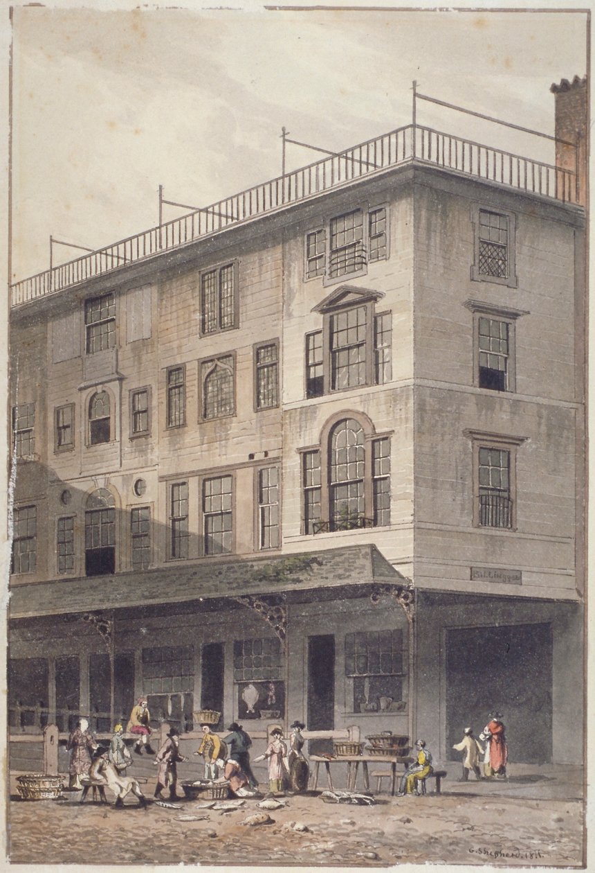 Pohled na trh Billingsgate s rybami a košíky lidí, City of London, 1811 od George Shepherd