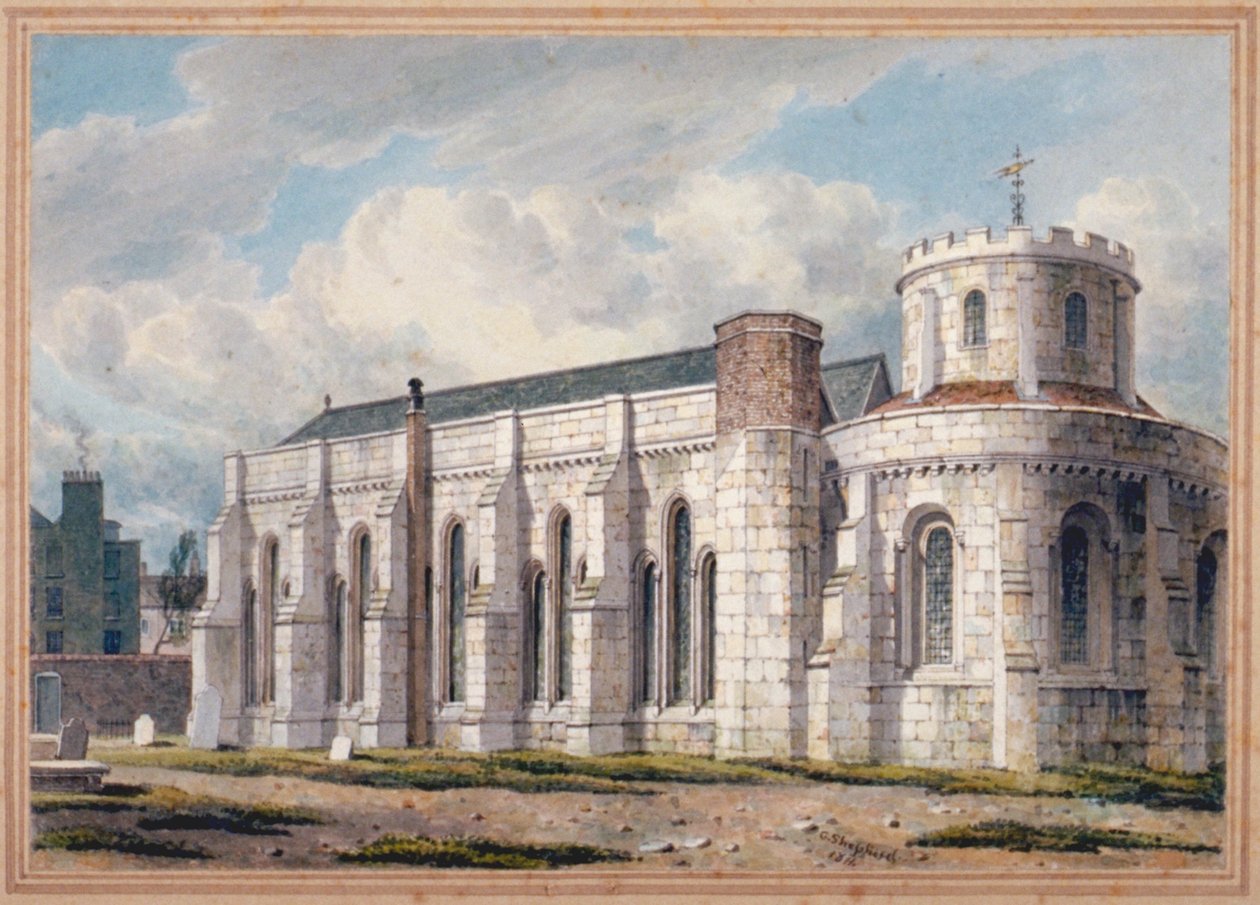 Pohled na chrám Temple Church přes hřbitov, City of London, 1811 od George Shepherd