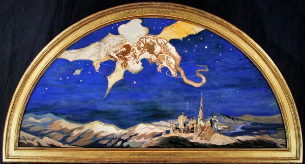 The Dragon Passing Over Travelers (akvarel s tělovou barvou a zlatem na hedvábí) od George Sheringham