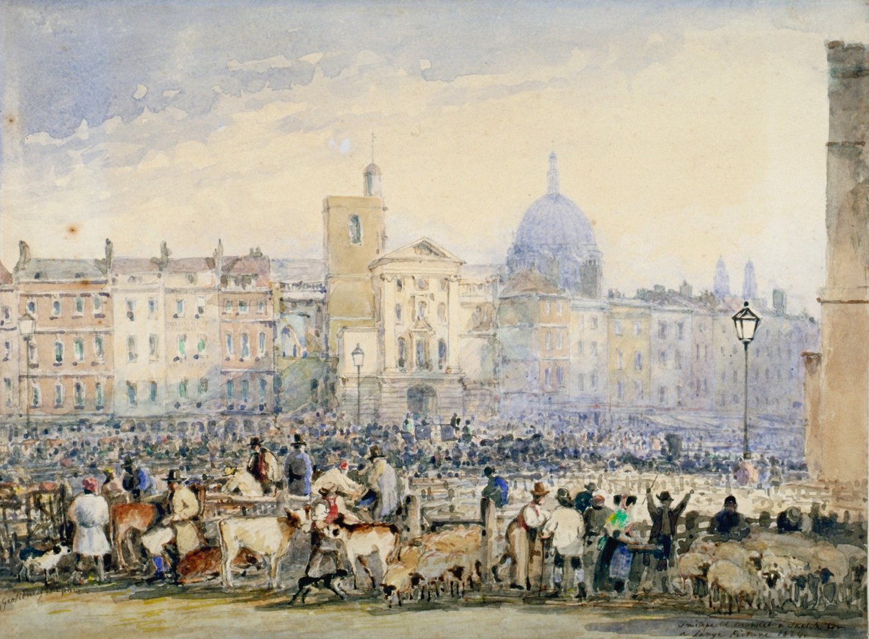 Pohled na Smithfield Market s postavami a zvířaty, City of London, 1824. od George Sidney Shepherd